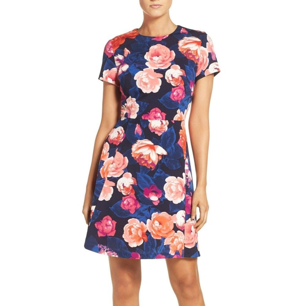 Eliza‎ J Womens Floral Ponte Fit & Flare Dress Multicolor Size 10